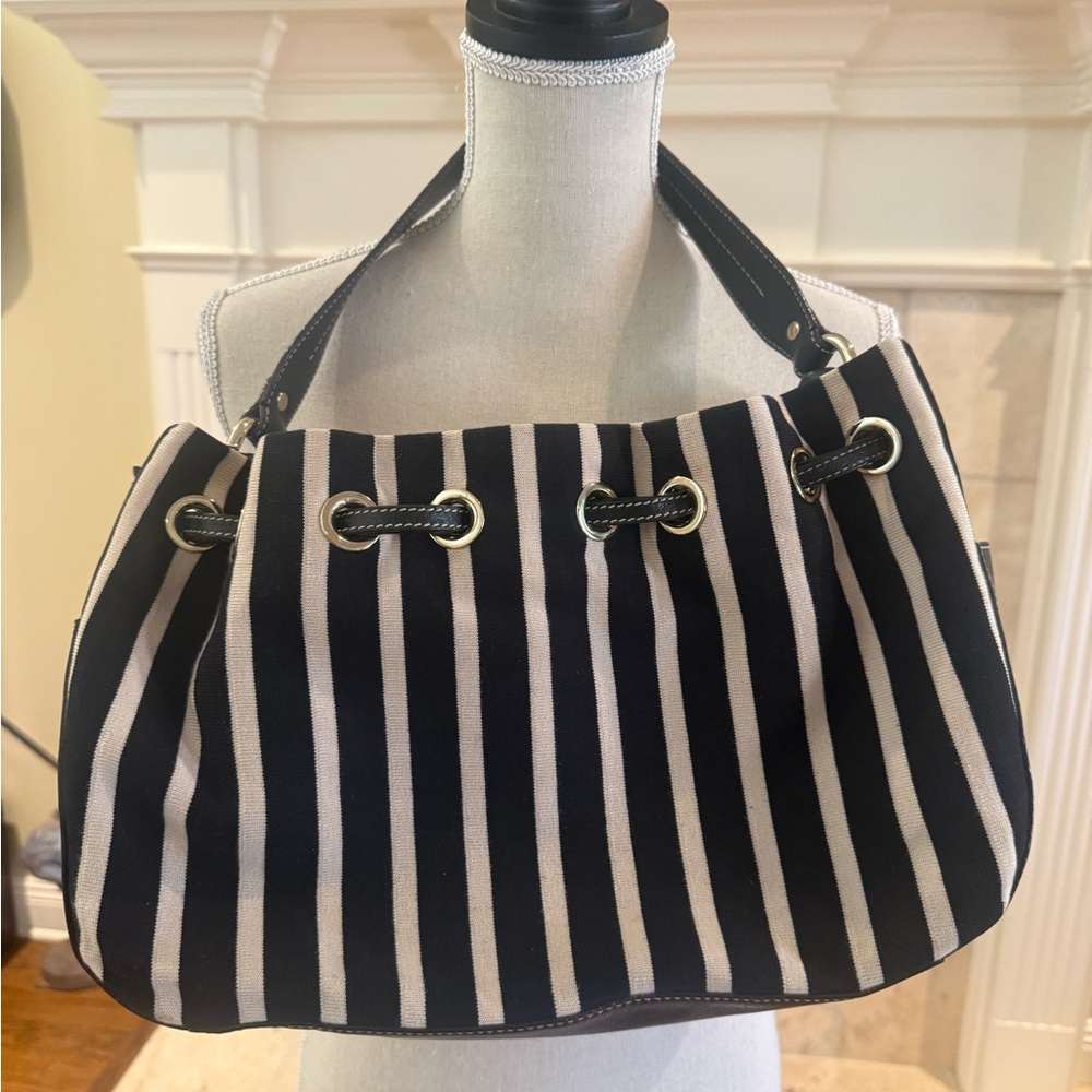 Kate Spade Striped Canvas Leather Hobo Bag Black White Drawstring Shoulder Tote - Picture 5 of 16